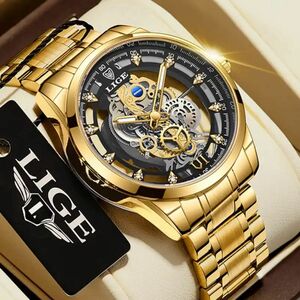 メンズ腕時計スケルトンクォーツ腕時計ゴールドスケルトンレトロマン腕時計トップブランドの高級時計メンズ腕時計