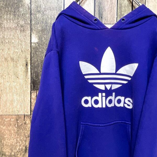 《希少カラー》アディダスオリジナルス adidas originals 紫☆プルオーバーパーカー L デカロゴ ビッグロゴ トレフォイル パープル h288