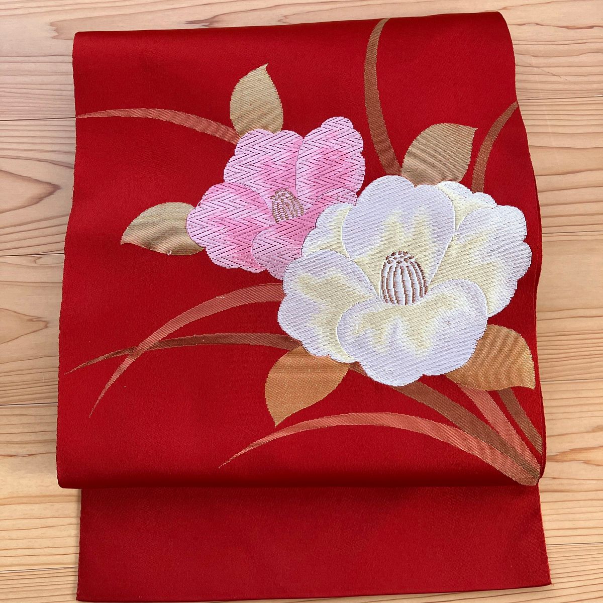 定番のお歳暮 美品☆華やか可愛い☆素敵な名古屋帯 九寸 正絹 駱駝色