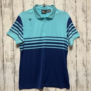 【DESCENTE GOLF】 デサント ゴルフ メンズ 半袖ハーフジップシャツ Lサイズ ブルー系 送料無料
