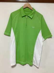 い1252 NIKE GOLF ナイキゴルフ ハーフジップ メッシュ半袖ポロシャツ L グリーン/ホワイト ドライ ロゴ刺繍
