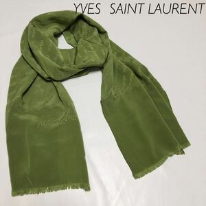 Yves saint Laurent イヴサンローラン　ストール　マフラー　ロゴ総柄　シルク100% グリーン　抹茶色　ヴィンテージ