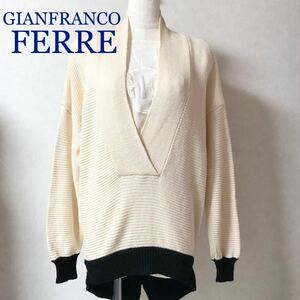 ■希少デザイン■GIANFRANCO FERRE ジャンフランコフェレ　Vネックニット size40(L相当)イタリア製　ウール＆レーヨン＆シルク　アイボリー