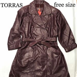 ■未使用■TORRAS スパニッシュシープスキン　ダブルチェスターコート　ベルト　襟周りキルティング加工　free size スペイン製　ボルドー