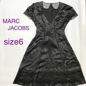 ■美品■シルク製■MARC JACOBS マークジェイコブス　半袖ワンピース　襟袖レース　ウエストリボン　size6(Lサイズ相当) ブラック