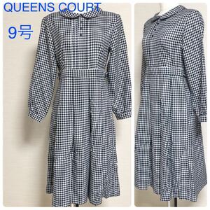 QUEENS COURT Queens Court wool . silver chewing gum check long sleeve One-piece size9 number (M size corresponding ) white × black 