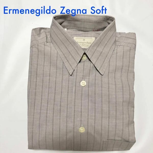 ■美品■Ermenegildo Zegna Soft エルメネジルドゼニア　ストライプ　コットンシャツ　長袖　38・15 11/S グレー　ビジネス