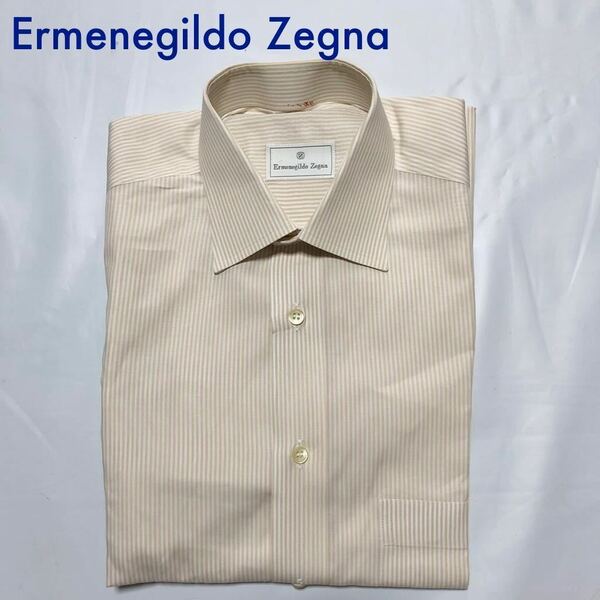 Ermenegildo Zegna ストライプ　コットン長袖シャツ ワイシャツ　スペイン製　ベージュ×ホワイト　ビジネス　Lサイズ相当