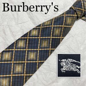 ■希少リネン混■Burberry's バーバリー　ネクタイ　シルク&リネン　格子　ホースマーク　ロゴ　グレー×ゴールド