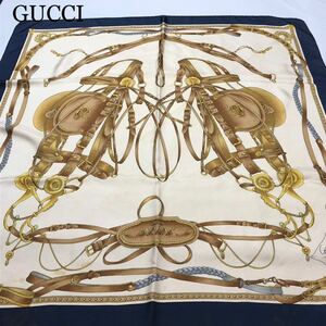 GUCCI グッチ　Accessory Collection アクセサリーコレクション　大判スカーフ　馬具柄　シルク　ブルー×アイボリー×ゴールド