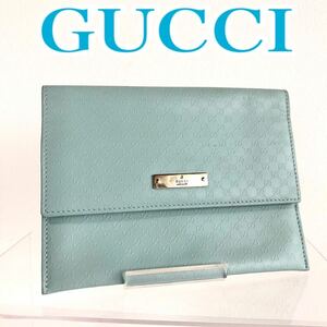 ■美品■希少■GUCCI グッチ　マイクロシマ　PVC 名刺入れ カードケース　ロゴプレート　ライトブルー シルバー金具　イタリア製　刻印あり