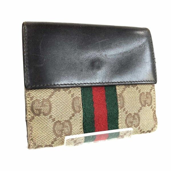 ■良品■GUCCI グッチ　シェリーライン　三つ折り財布　パスケース　GGキャンバス×レザー　ブラウン　シルバー金具　イタリア製　刻印あり