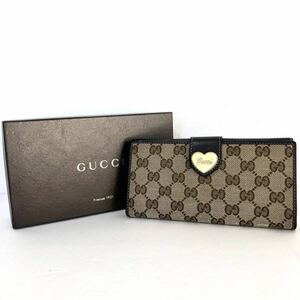 ■美品■GUCCI グッチ　三つ折り長財布　GGキャンバス×レザー　筆記体ロゴ　ハート　ブラック×ベージュ　ゴールド金具　イタリア製　刻印