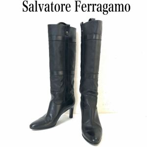 ■美品■Salvatore Ferragamo サルヴァトーレフェラガモ　ロングブーツ　ブーティ　レザー　サイズ7.5 ブラック　イタリア製　刻印有