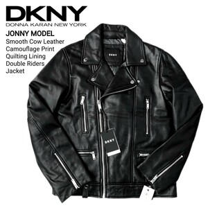 新品95,480円 DKNY ダナキャランニューヨーク JONNY MODEL 最高級カウハイドレザー迷彩柄中綿ライニングダブルライダースジャケット S 完売