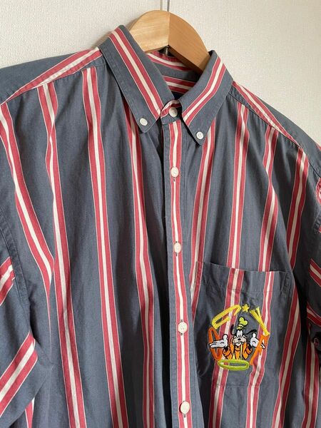 【90s Disney】グーフィー刺繍付きコットンストライプボタンダウンシャツ