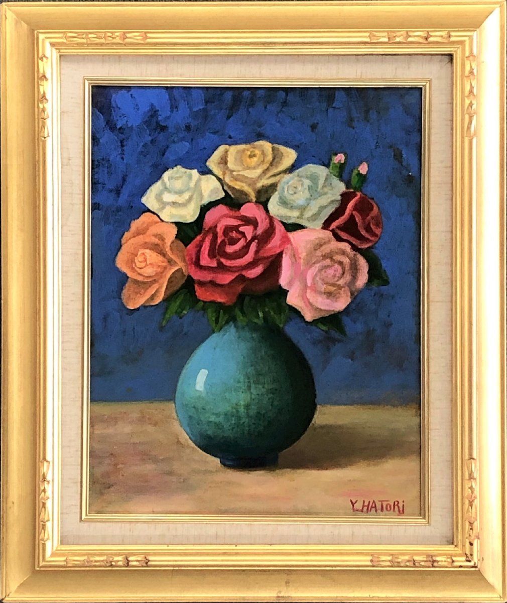 Colorful roses bloom beautifully, This is a very gorgeous piece that seems to give off a fragrant scent. Yoshio Hatori Roses Oil Painting No. 6 [Masami Gallery] K, Painting, Oil painting, Still life