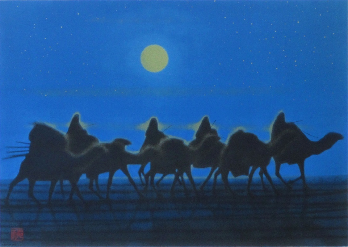 عمل رائع مليء بالرومانسية الغامضة والرائعة مع موضوع طريق الحرير. Ikuo Hirayama Quicksand Moonlight Serigraph محدود بـ 250 نسخة [معرض Seiko] *, عمل فني, مطبعة, آحرون