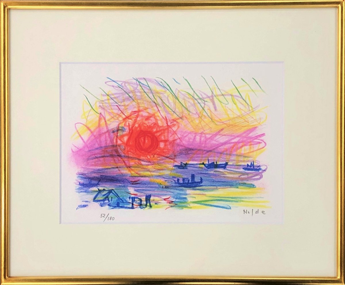 Die aufgehende Sonne, die der Künstler malt, ist farbenfroh und sehr hell., Man kann das lebhafte Geräusch fast hören. Nobumichi Ide Lithographie Asahi [Seiko Gallery] K, Malerei, Aquarell, Andere