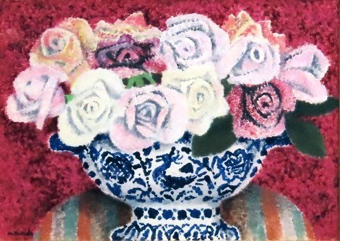 장미는 리드미컬한 점묘법을 사용하여 아름답게 피어나는 색상으로 칠해져 있습니다. 다카다 마코토 장미 유화 4F {정품 인증서 있음} [세이코 갤러리] *, 그림, 오일 페인팅, 정물화