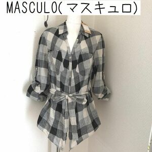 タグ付き MASCULO(マスキュロ) リネンシャツ チェック 前くくり 長袖 日焼け対策