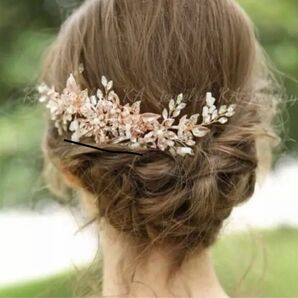 ローズゴールドヘッドドレス ウェディング ピンク 結婚式 ヘアアクセサリー