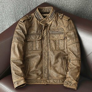 レザージャケット メンズ 　バイクジャケット　ユーズド加工　ライダース 高級牛革　本革革ジャン S～5XL カーキ 選択3XL