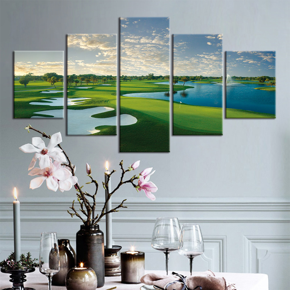 c54 ☆ Panel de arte ☆ Juego completo de 5 (con marco de madera) ☆ Campo de golf Campo de golf Póster de arte deportivo, obra de arte, cuadro, otros