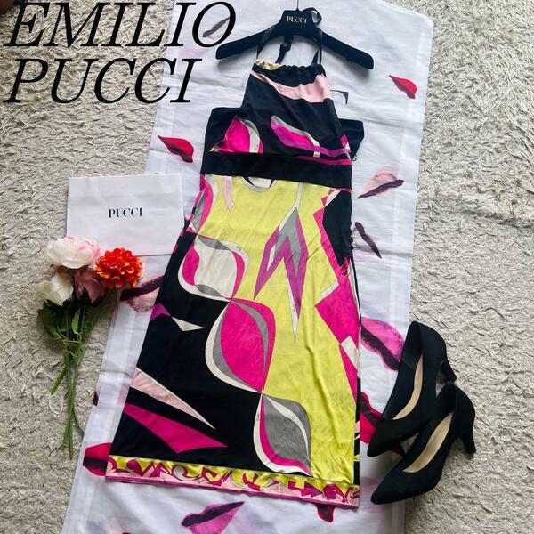 【美品】EMILIO PUCCI プッチ柄ワンピース ホルターネック エミリオプッチ ノースリーブ 総柄