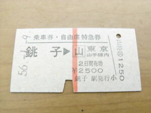 乗車券・自由席特急券　銚子→山 東京山手線内　昭和56年1月9日発行　銚子駅発行