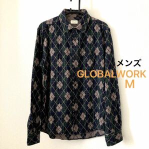 最終価格　メンズ　GLOBALWORK グローバルワーク　アーガイル　コットンシャツ　グリーン系　M