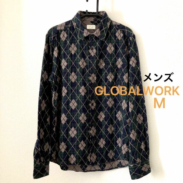 最終価格　メンズ　GLOBALWORK グローバルワーク　アーガイル　コットンシャツ　グリーン系　M