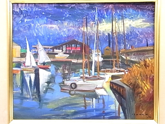 e10478 Pintura al óleo auténtica garantizada, pintura de paisaje de Isamu Nakamura Yacht Reservoir No. 8 frame, Cuadro, Pintura al óleo, Naturaleza, Pintura de paisaje