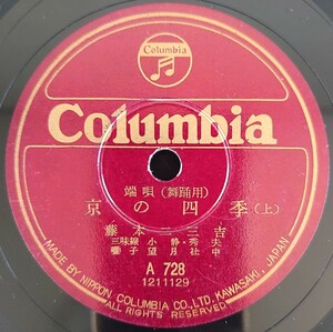 【SP盤レコード】Columbia/端唄(舞踏用) 京の四季(上・下) 藤本二三吉/SPレコード