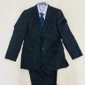 a03106 MELPHENIA HOMME メルファニアオム スーツ セットアップ シングル 肩パット 黒 ストライプ 毛混 古着 オフィススタイリッシュルック