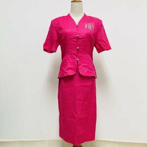 a03121 OPPSALA オプサラ セットアップ ジャケット 半袖 スカート 肩パット 11AR ピンク 綿麻 昭和レトロ 刺繍 フォーマルイブニングウェア