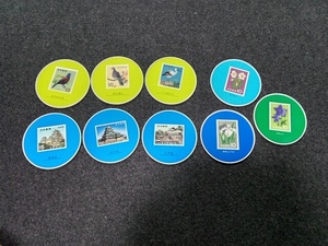 @@レア　 コースター　いろいろ　9枚　明治百年記念　切手　絵柄　コースター　日本のお城　鳥　　花　切手　切手絵柄　めずらしや！