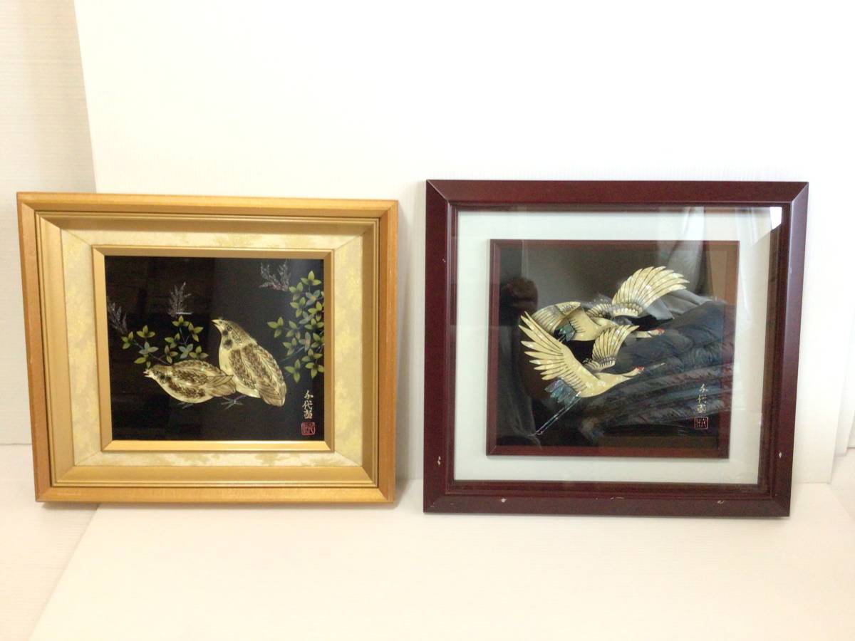 Y248 Set of 2 Wajima lacquer paintings, framed, bird and crane, interior decoration, collection, personalized, Artwork, Painting, others