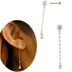 Жемчужный жемчужный пирс Pearl One Ears ушей Tanza Night Back Back Catched Серьги Pink Gold K18 18K 18 Gold 2way