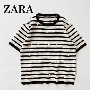 ZARA ちりばめパール ボーダー 半袖 ニット カットソー