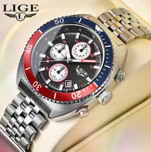 Lige 男性 ステンレス クォーツ時計 高級 クロノグラフ スポーツ腕時計 トップブランド ファッション_画像1