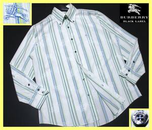 大人気サイズ L(3) 美品 バーバリーブラックレーベル ホース刺繍 マルチストライプ総柄 フラワープリント柄 ボタンダウンシャツ