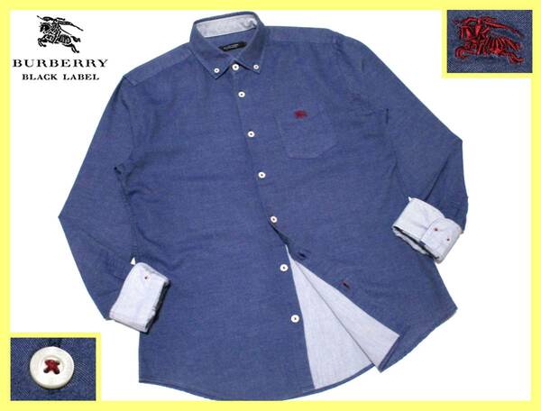 大人気サイズ L(3) 極美品 バーバリーブラックレーベル レッドホース刺繍 襟内・袖口裏ボーダー柄 ボタンダウンシャツ
