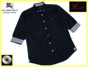 大人気サイズ L(3) 美品 バーバリーブラックレーベル パープルホース刺繍 襟内・袖口裏ギンガムチェック柄 7分袖 ストレッチシャツ
