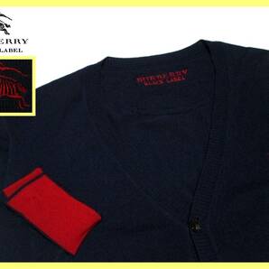 大人気サイズ L(3) 美品 バーバリーブラックレーベル レッドホース刺繍 袖口裏レッドカラーデザイン 羊毛100% Vネック ニットカーディガンの画像2