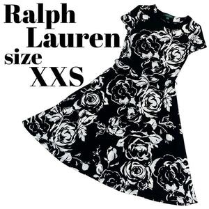 【高級】美しいシルエット LAUREN RALPH LAUREN ローレンラルフローレン 膝丈 ワンピース 花柄 Aライン XXSサイズ ブラック ホワイト