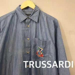 トラサルディ　TRUSSARDI ボタンダウンシャツ　ジーンズ　カットソー　デニムカラー ロゴ刺繍　ブルー　メンズ　男性用　48サイズ ♭□∞