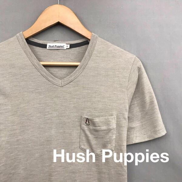 【新品同様】ハッシュパピー Hush Puppies バセットハウンド 半袖 Ｖネック 刺繍ロゴ ポケット付き メンズ 男性用 Mサイズ グレー ♭▽φ