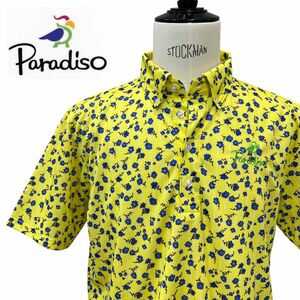 新品同様 ☆ PARADISO パラディーゾ 半袖 ボタンダウン ポロシャツ メンズ L イエロー 花柄 ゴルフウェア 吸汗速乾 ストレッチ UVカット