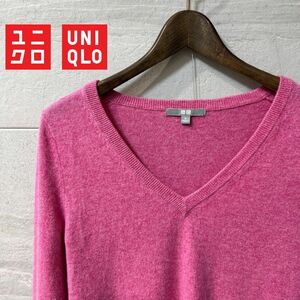 美品 UNIQLO カシミヤ100％ 長袖 Vネック ニット セーター M サイズ レディース ピンク 秋冬 防寒 トップス 定番 ユニクロ 人気カラー